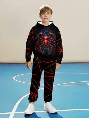 Boys' Fashion 3D Spider Print Pullover Sweater, Long Sleeve Casual Sporty Top for Spring & Fall, Regular Fit for Kids Aged 5+