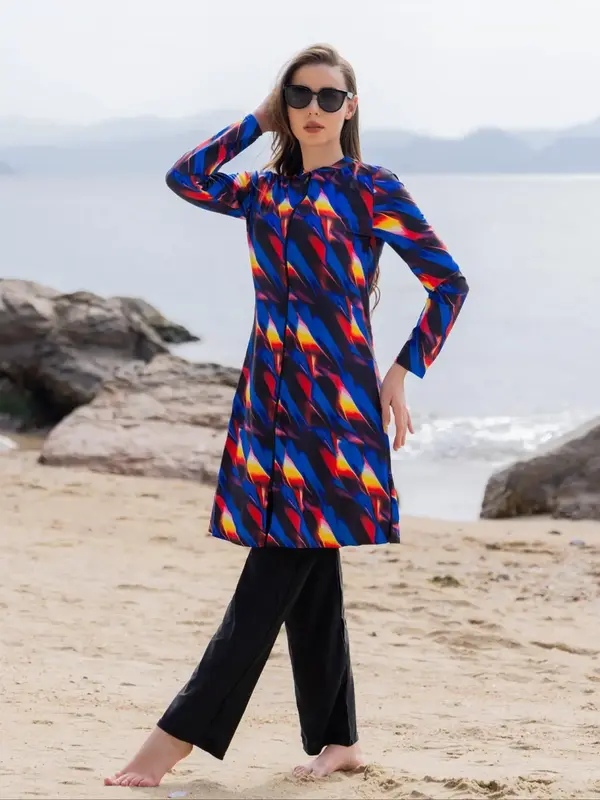 Women's All Over Print Long Sleeve Outerwear & Pants Swimsuit Set, Casual Zip Up Swim Top & Pants, Ladies Swimwear for Beach ...