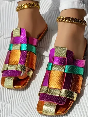 Women's Fashionable Colorblock Fashion Slippers, Casual Comfortable Flat Sandals for Summer, Female All-match Round Toe Slide...