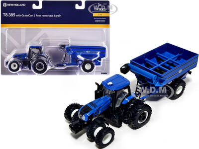 New Holland T8.385 Tractor with J&M Grain Cart Blue 1/64 Diecast Model by ERTL TOMY