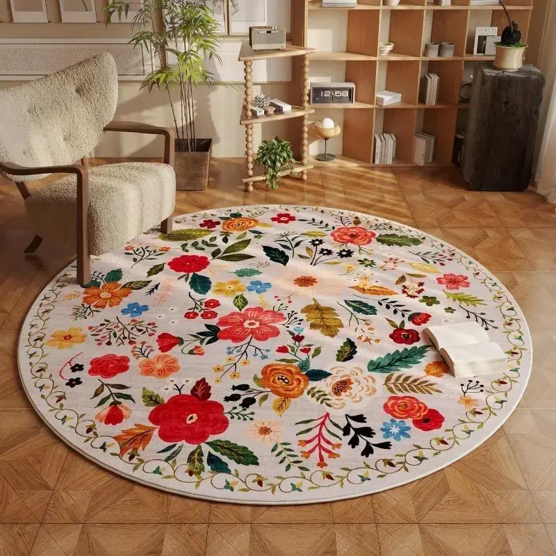 Floral Pattern Non-slip Floor Mat, 1 Count Round Washable Foldable Soft Floor Mat, Decorative Carpet for Home Living Room Bed...