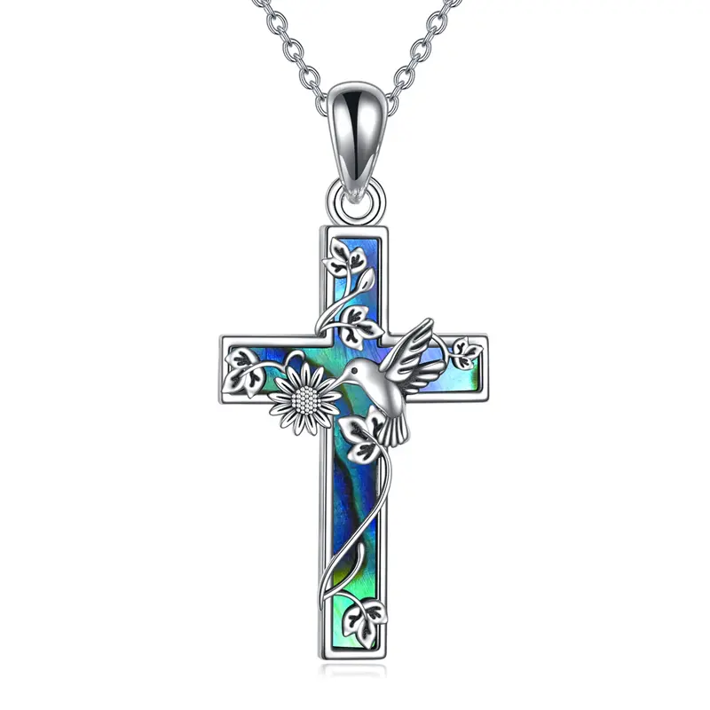 Sterling Silver Hummingbird & Cross Pendant Necklace for Women