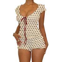 Women 2-Piece Ruffled Loungewear Set Scoop Neck Short Sleeve Bow Tops Smocked Shorts Dot Point Pajamas Outfits Clothes Pants