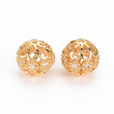 Hollow Brass Micro Pave Clear Cubic Zirconia Beads
