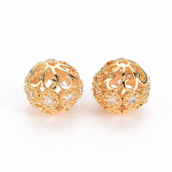 Hollow Brass Micro Pave Clear Cubic Zirconia Beads