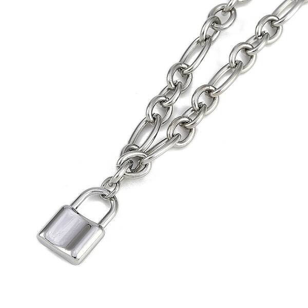 304 Stainless Steel Lock Pendant Figaro Chain Necklaces