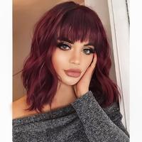 [ AISI HAIR ] Curly Bob Wig with Bangs Short Wavy Wine Red Color Wigs for Women Bob Style Synthetic Heat Resistant Bob Wigs