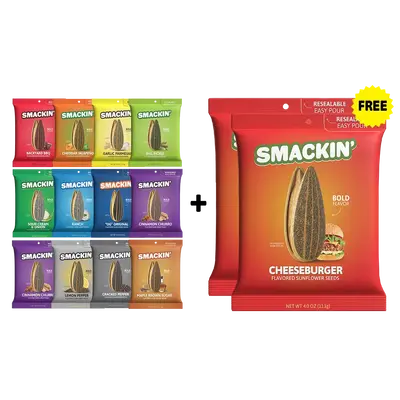 SMACKIN' Sunflower Seed 2 FREE BAGS + 12 Bag Variety Pack, Variety Flavors, Resealable 4 OZ Bags, No Salty Burn