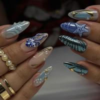 3D Sea Life Pattern Fake Nails with Tools, 24pcs Short Almond False Nails for Women & Girls DIY Nail Art, Effortless Press on...