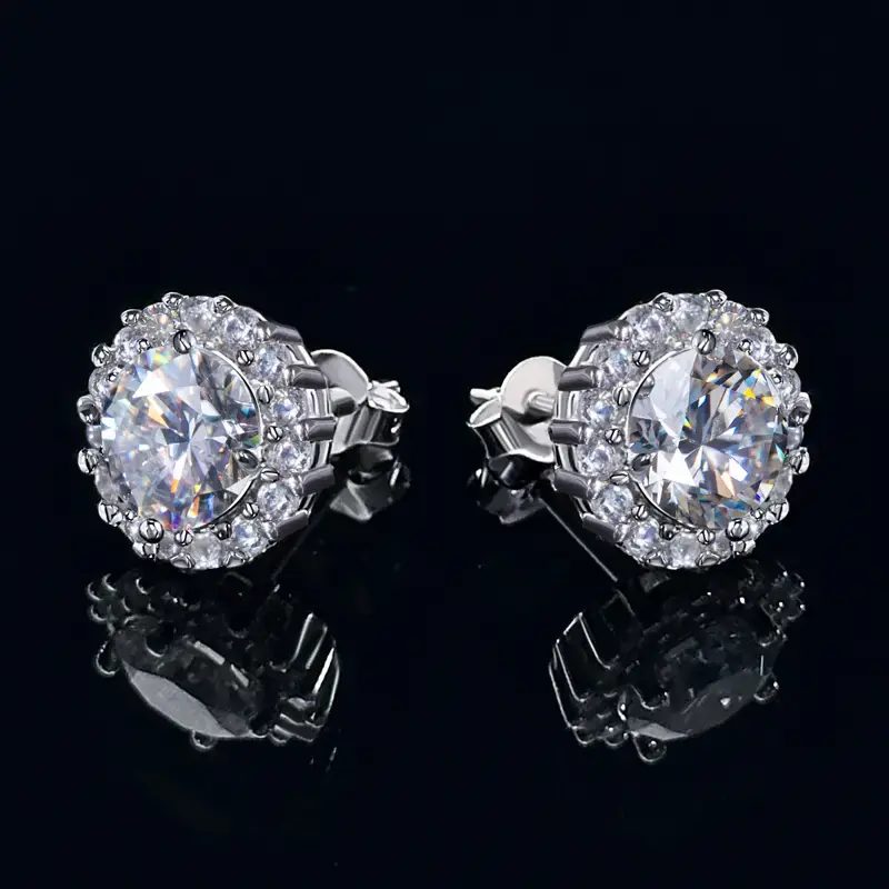 HELLOICE [Unisex] Moissanite Halo Stud Earrings 0.2Ct/0.6Ct/1.0Ct/1.6Ct/2Ct/4Ct S925 Sterling Silver Synthetic Moissanite D C...