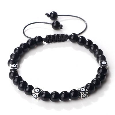 Trendy Ethnic Style Cube Evil Eye & Round Natural Black Onyx(Dyed & Heated) Beaded Stretch Bracelets