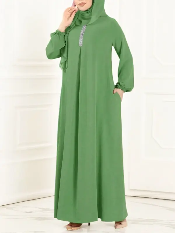 Women's Plain Round Neck Lantern Sleeve Casual Dress, Loose-Fit Woven Fabric, All-Season Fashion, Moderate Thickening