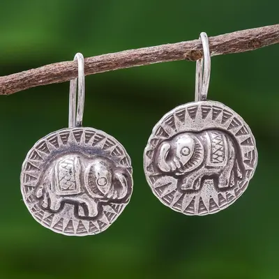 NOVICA Elephant Sun Hill Tribe Style 950 Silver Elephant Drop Earrings