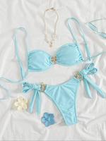 Two-piece Set Women's Plain Tie Side Bikini Set, Casual Fashion Chic Swimwear Set for Beach Holiday Vacation, Bathing Suits, ...
