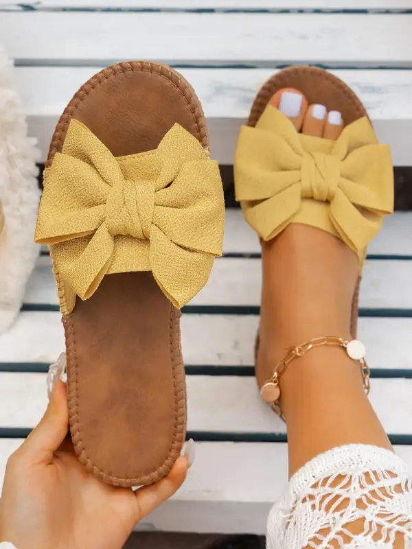 Women's Bow Decor Slip on Sandals, Summer Casual Comfortable Flat Sandals for Beach Vacation, Boho Style Girl Fashionable Wal...
