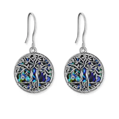 Sterling Silver Round Abalone Shellfish Tree Of Life Drop Earrings