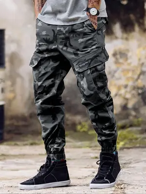 Men's Stylish Camo Print Drawstring Waist Cargo Pants, Streetwear Camouflage Regular Fit Casual Street Multi-pocket Jog...