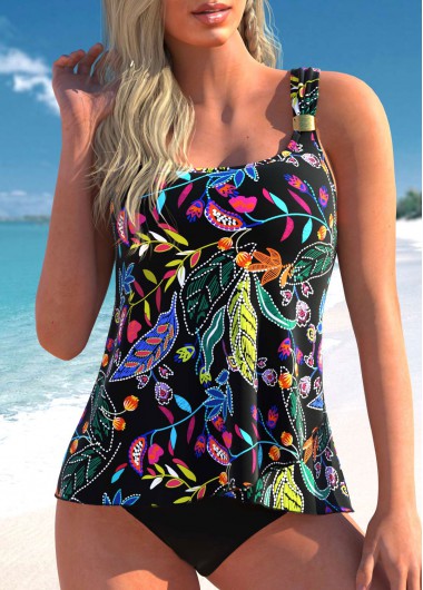 Modlily Wide Strap Black Floral Print Tankini Top - S