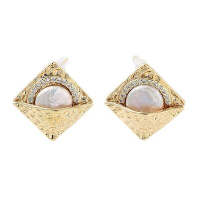 Rhombus Natural Pearl Stud Earrings with Brass Micro Pave Cubic Zirconia and 925 Sterling Silver Pins