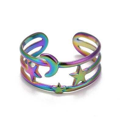 Rainbow Color Ion Plating(IP) 304 Stainless Steel Star and Moon Open Cuff Ring for Women