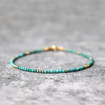 Natural Turquoise 2mm Faceted Beaded Boho Dainty Minimalist Healing Reiki Gold-Plated Chain Bracelet