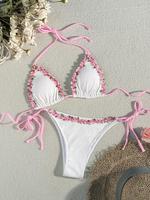 Women's Floral Embroidery Bikini Set, Boho Fashion Tie Back Halter Triangle Swim Bra & Tie Side Swim Bottom, Ladies Summer Sw...