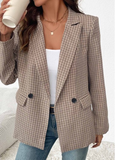 Modlily Light Coffee Double Side Pockets Plaid Long Sleeve Blazer - L