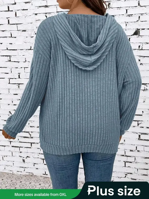 Plus Size Plain Textured Drop Shoulder Hoodie, Lady Casual Comfort Long Sleeve Pullover for Spring & Fall, Country Outfits, W...