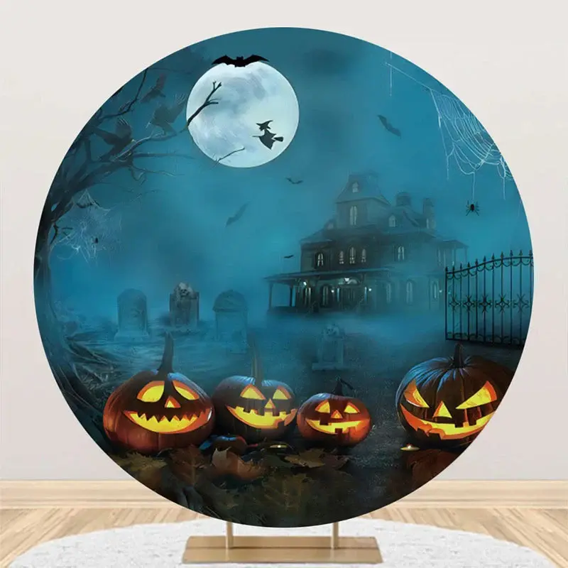 Round Foggy Moon Witch Pumpkin Halloween Backdrop