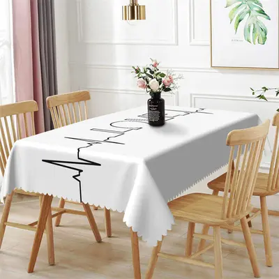 Love Black Wave Line White Rectangle Tablecloth - Aperturee