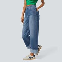 Halara Flex High Waisted Multiple Pockets Rolled Hem Wide Leg Washed Stretchy Knit Casual Jeans #outdoorfun