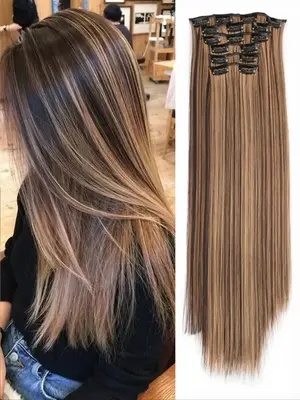 24 Inch 2024 Natural Plain Long Straight Synthetic Hair Extension, 6 Counts Clip-in Hair Extensions, Summer Trendy Matching N...