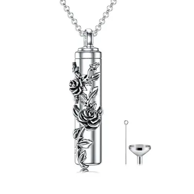 Sterling Silver Rose & Vertical Bar Urn Necklace for Ashes