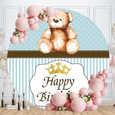 Aperturee Bear Blue White Stripe Round Happy Birthday Backdrop