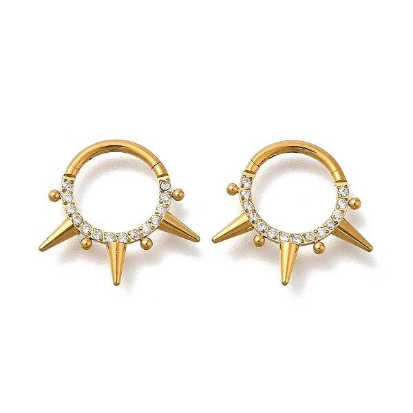 304 Stainless Steel Micro Pave Clear Cubic Zirconia 3 Spiked Cone Round Hoop Nose Rings