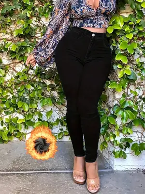 ćPlus Sizeć Solid Color Thermal Lined Skinny Jeans, Casual Comfy Denim Pants for Daily Wear, Women's Bottoms for Fall & W...