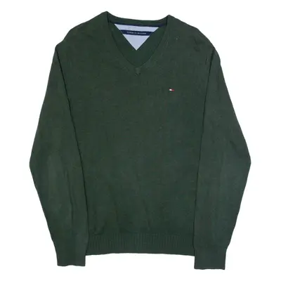 TOMMY HILFIGER Mens Jumper Green V-Neck Tight Knit L