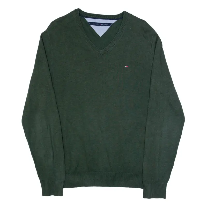 TOMMY HILFIGER Mens Jumper Green V-Neck Tight Knit L