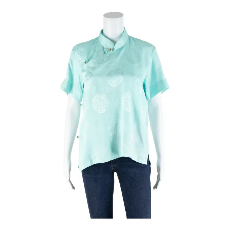 KERALA Blue 90s Collared Spotted Short Sleeve Wrap Blouse Womens S