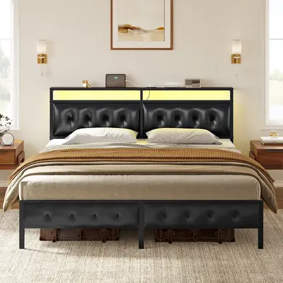 Hausneed PU LED Lights Bed Frame with Integrated Charging Station & Convenient Storage Headboard for Elevated Child's Sleep E...