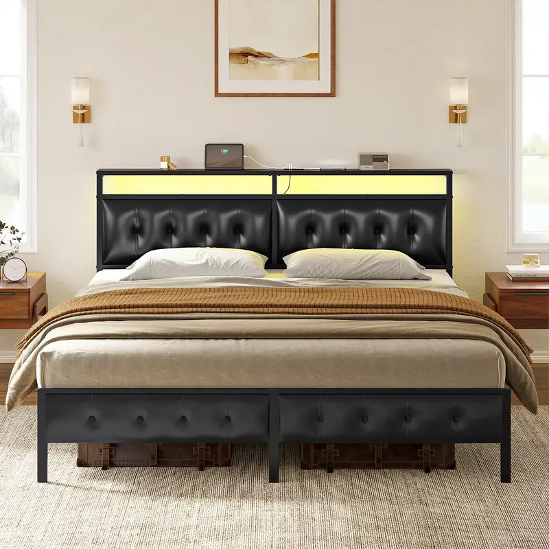 Hausneed PU LED Lights Bed Frame with Integrated Charging Station & Convenient Storage Headboard for Elevated Child's Sleep E...