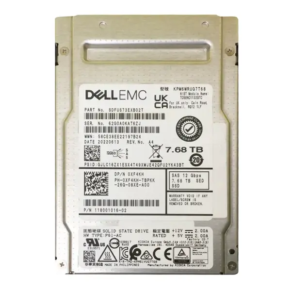 Dell 0XF4KH | 7.68TB 2.5-inch 12GB/s SAS Read-Intensive SED FIPS Hot-Pluggable Solid State Drive for PowerEdge G14 - G16 Serv...