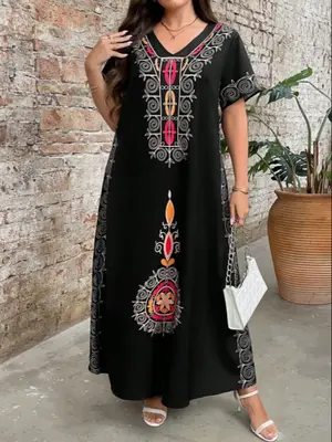Muslim Women Comfortable Ethnic Style Printed Dress, Summer Woven Fabric, Moderate Thickening, Stylish Long Sleeve A-Line Dre...