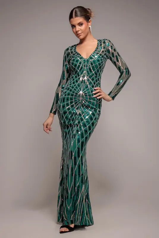 Goddiva Geo Sequin Long Sleeve Maxi Dress - Emerald