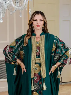 Women's Embroidery Abaya Set, Modest Long Sleeve Open Front Abaya & Dress Set, Muslim Clothing for Women