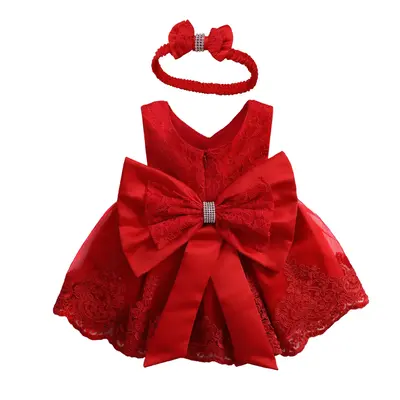 Baby Girls Dresses with Hairband, Sleeveless Floral Lace Back Big Bow Round Neck Dress, Multi-Layer Mesh TuTu Style Back Zip ...