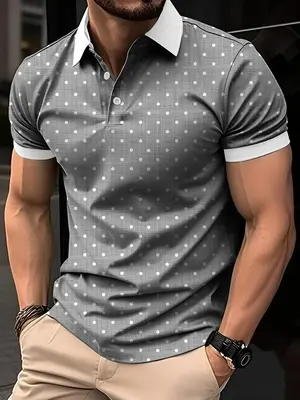 Men's Regular Fit Polka Dot Print Contrast Binding Polo Shirt, Polo Shirts Men, Casual Short Sleeve Button Front Top for Spri...
