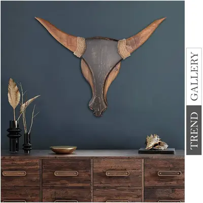 Creative Bull Head Wood Sculpture Hand Carved Modern Sculpture Abstract Desktop Art for Living Room | BULL STRENGTH 22"x...