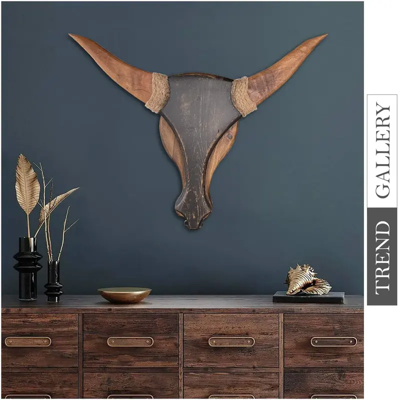 Creative Bull Head Wood Sculpture Hand Carved Modern Sculpture Abstract Desktop Art for Living Room | BULL STRENGTH 22"x...