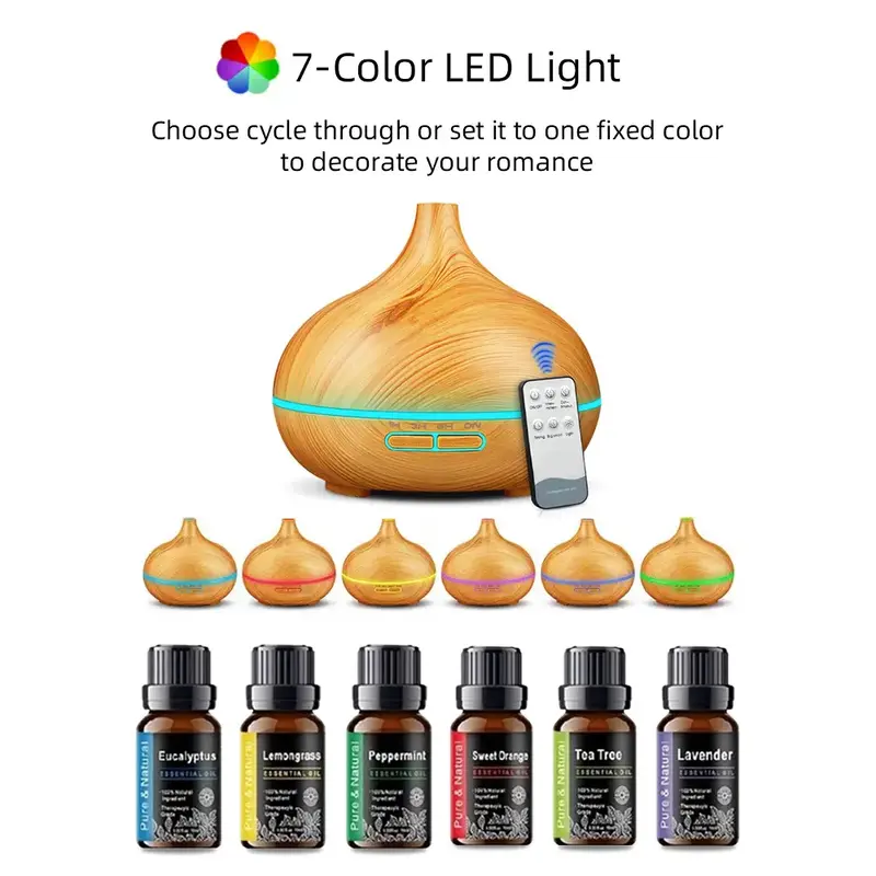 Wood Grain Aroma Diffuser Humidifier with Remote, Timer & 6 Oil Set, 550ml Waterless Fragrance Oil Diffuser, Essential Oil Ar...